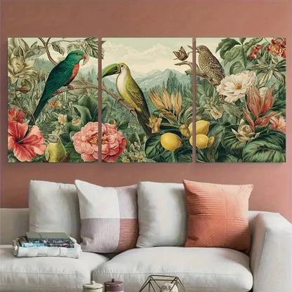 3pcs Botanical Florals & Birds Venezuela Travel Wall Art Set Canvas Framed 50x70cm - High Quality Print 100% Australian Made Wall Canvas Ready to Hang