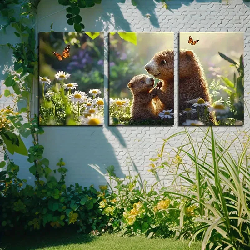 3pcs Vibrant Otter and Butterfly in Floral Garden Metal Print Ready to Hang Art