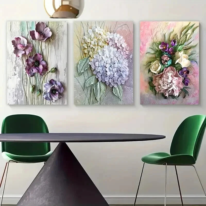 3pcs Modern Flowers Purple Green Leaves Metal Print Ready to Hang Art