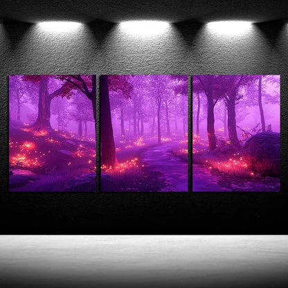 3pcs Fluorescent Forest Purple Illustration Metal Print Ready to Hang Art