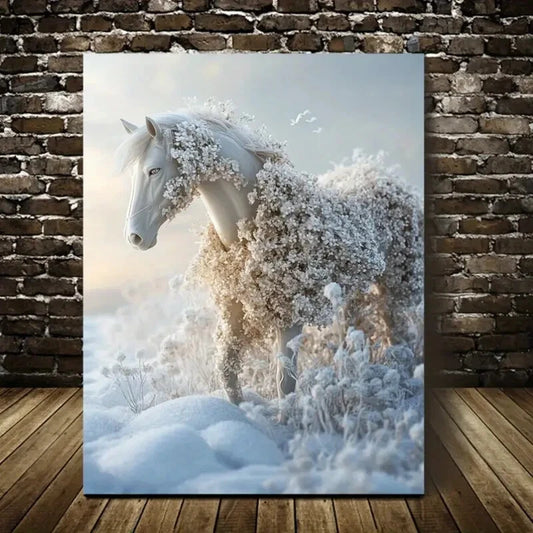 Contemporary Floral Horse Snow Scene Painting 40x60cm Metal Print Ready to Hang