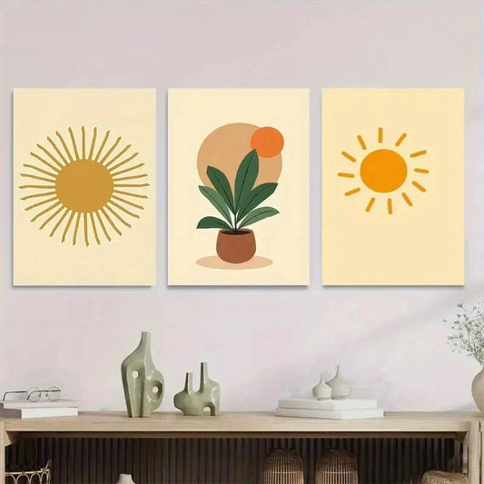 3pcs Vibrant Sun & Plant Framed Sunny Botanical Wall Art Set Canvas Framed 50x70cm - High Quality Print 100% Australian Made Wall Canvas Ready to Hang