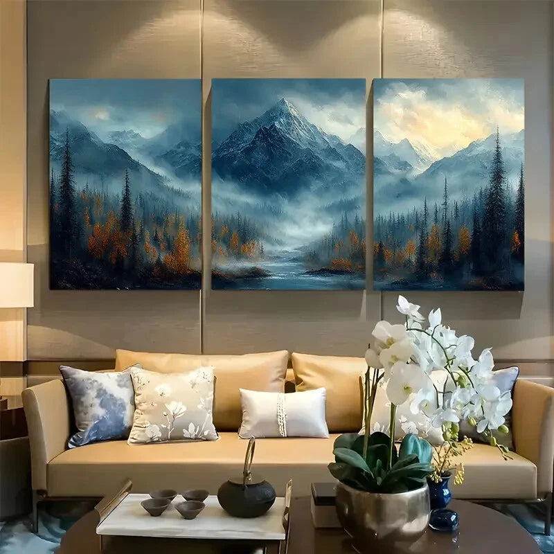 3pcs Misty Forest Scenery with Snow-Capped Peaks Metal Print Ready to Hang Art