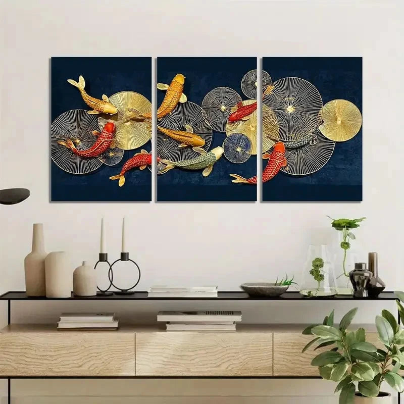 3pcs Golden Fish and for Lotus Leaves on Dark Blue Metal Print Ready to Hang Art
