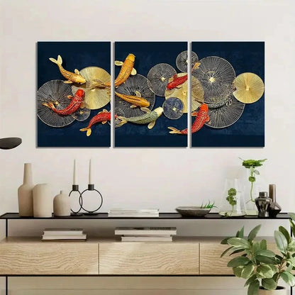 3pcs Golden Fish and for Lotus Leaves on Dark Blue Metal Print Ready to Hang Art