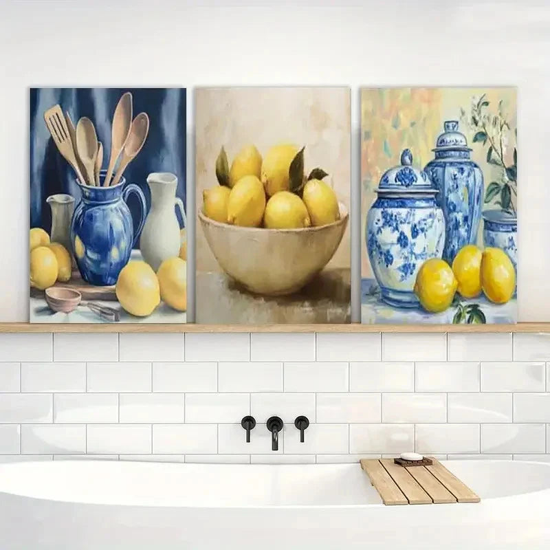 3pcs Painting Kitchen Yellow Lemon Metal Print Ready to Hang Art