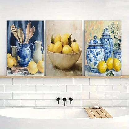 3pcs Painting Kitchen Yellow Lemon Metal Print Ready to Hang Art