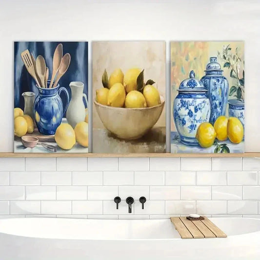 3pcs Painting Kitchen Yellow Lemon Metal Print Ready to Hang Art