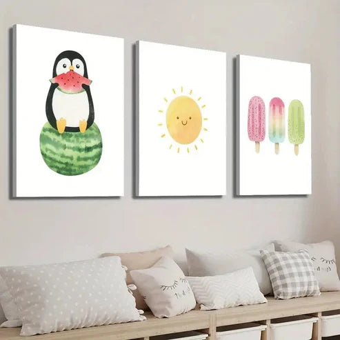 3pcs Baby Penguin on Watermelon Summer Popsicle Wall Art Set Canvas Unframed - High Quality Print 100% Australian Made Wall Canvas