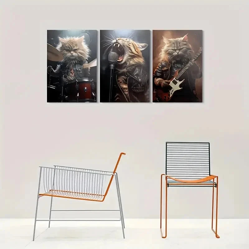 3pcs Rock Star Cats Drummer Singer and Guitarist Metal Print Ready to Hang Art