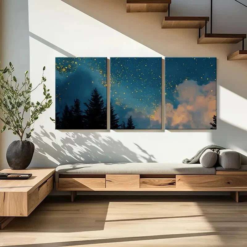 3pcs Starry Night Sky Pine Trees Silhouette Metal Print Ready to Hang Art