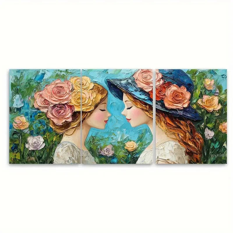 3pcs Beautiful Mother and Daughter Floral Beauty Wall Art Set Canvas Framed 50x70cm - High Quality Print 100% Australian Made Wall Canvas Ready to Hang