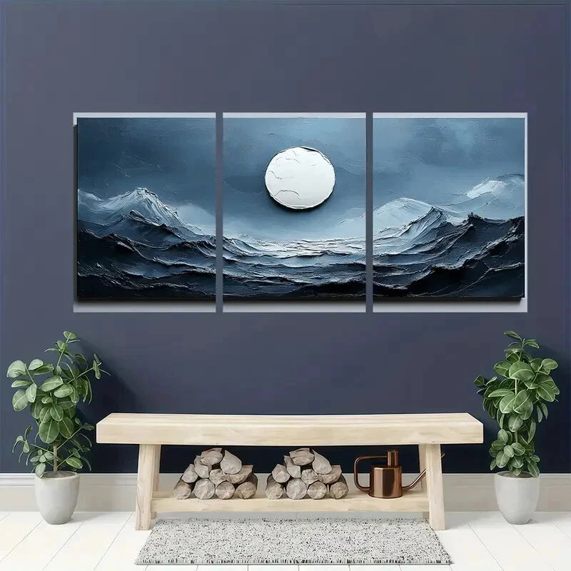 3pcs Blue & White Textured Minimalist Abstract Metal Print Ready to Hang Art