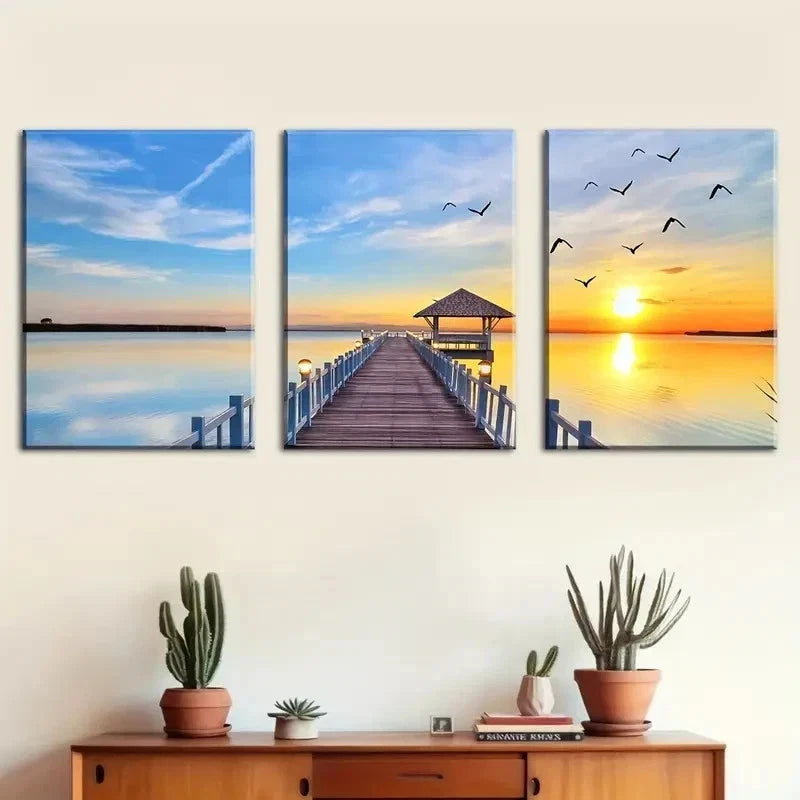 3pcs Bridge By The Seaside And A Sunset Perfect Wall Art Set Canvas Framed 40x60cm - High Quality Print 100% Australian Made Wall Canvas Ready to Hang