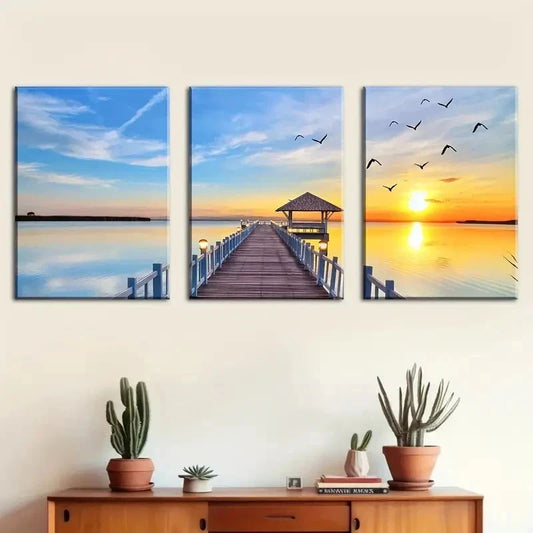 3pcs Bridge By The Seaside And A Sunset Perfect Wall Art Set Canvas Framed 40x60cm - High Quality Print 100% Australian Made Wall Canvas Ready to Hang