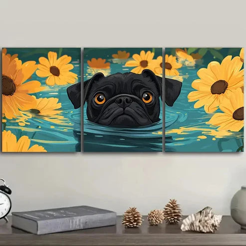3pcs Cute Pug Swimming in Water Wall Art Set Canvas Unframed – High Quality Print 100% Australian Made Wall Canvas