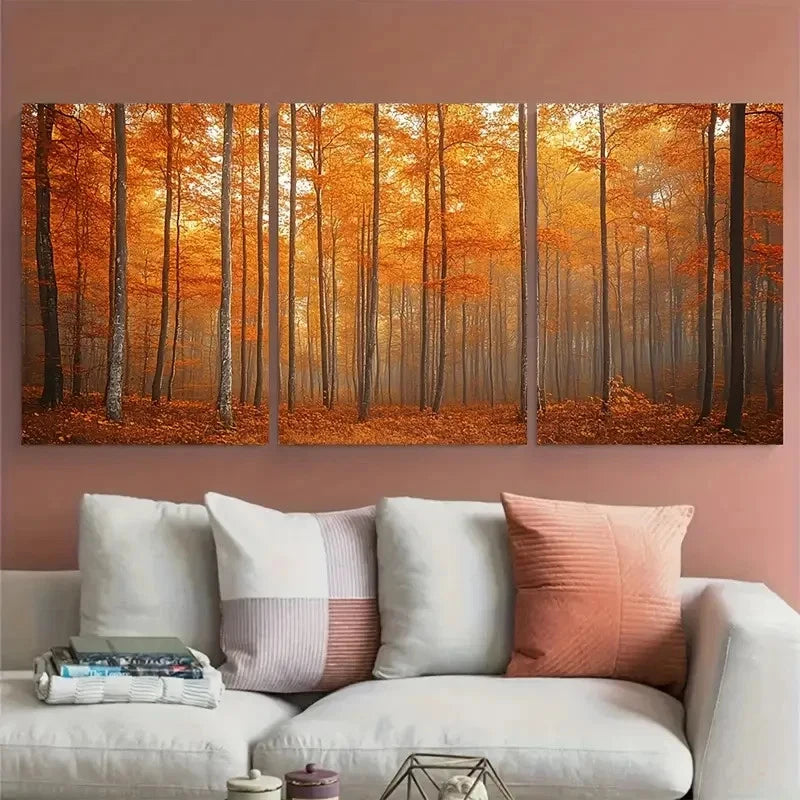 3pcs Abstract Autumn Forest Orange Brown Toned Wall Art Set Canvas Framed 40x60cm - High Quality Print 100% Australian Made Wall Canvas Ready to Hang