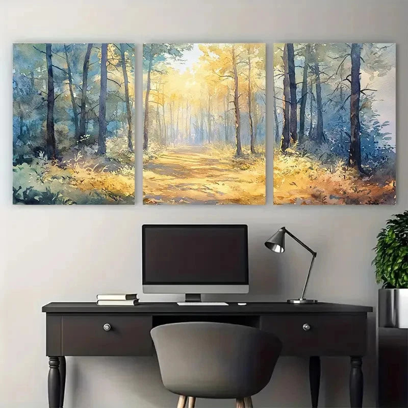 3pcs Dappled Woods Watercolor Calming Nature Wall Art Set Canvas Framed 60x90cm - High Quality Print 100% Australian Made Wall Canvas Ready to Hang
