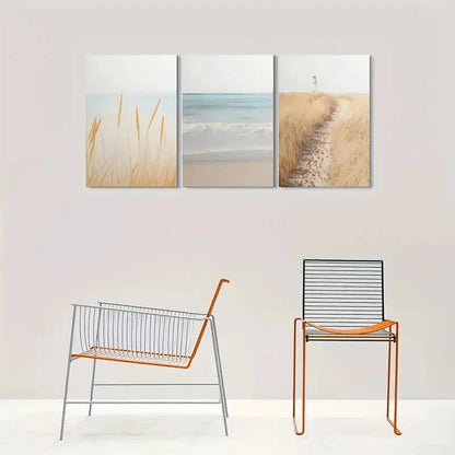 3pcs Coastal Decor with Sand Dunes and Lighthouse Metal Print Ready to Hang Art