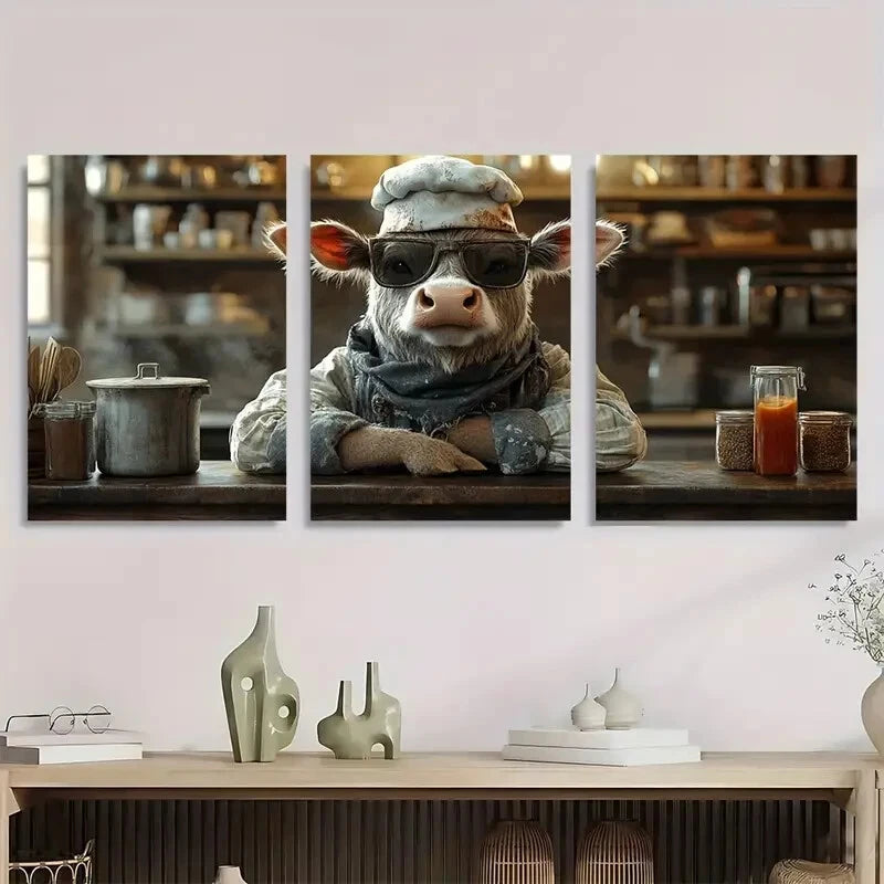 3pcs Whimsical Cow Chef in Kitchen Scene Metal Print Ready to Hang Art