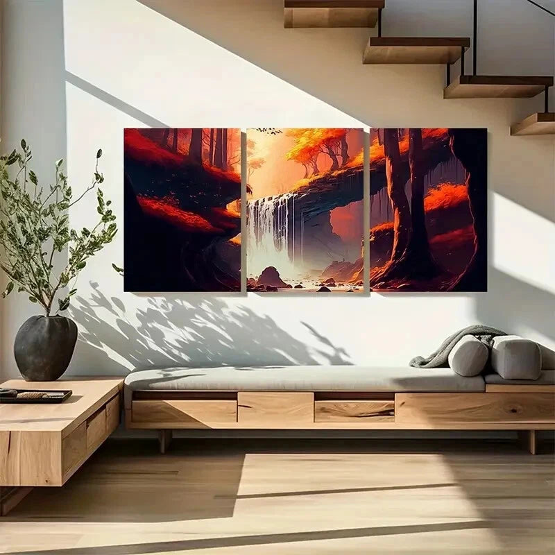 3pcs Fantasy Waterfall Orange Nature Painting Metal Print Ready to Hang Art