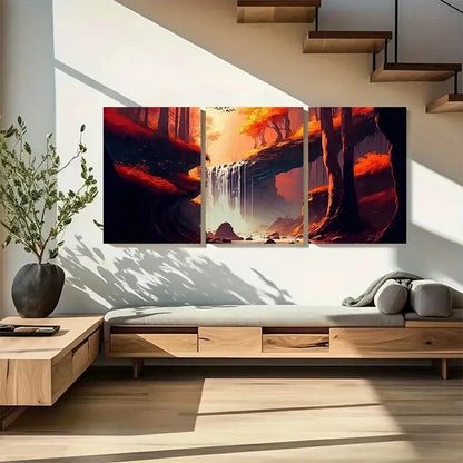 3pcs Fantasy Waterfall Orange Nature Painting Metal Print Ready to Hang Art