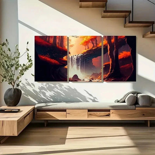 3pcs Fantasy Waterfall Orange Nature Painting Metal Print Ready to Hang Art