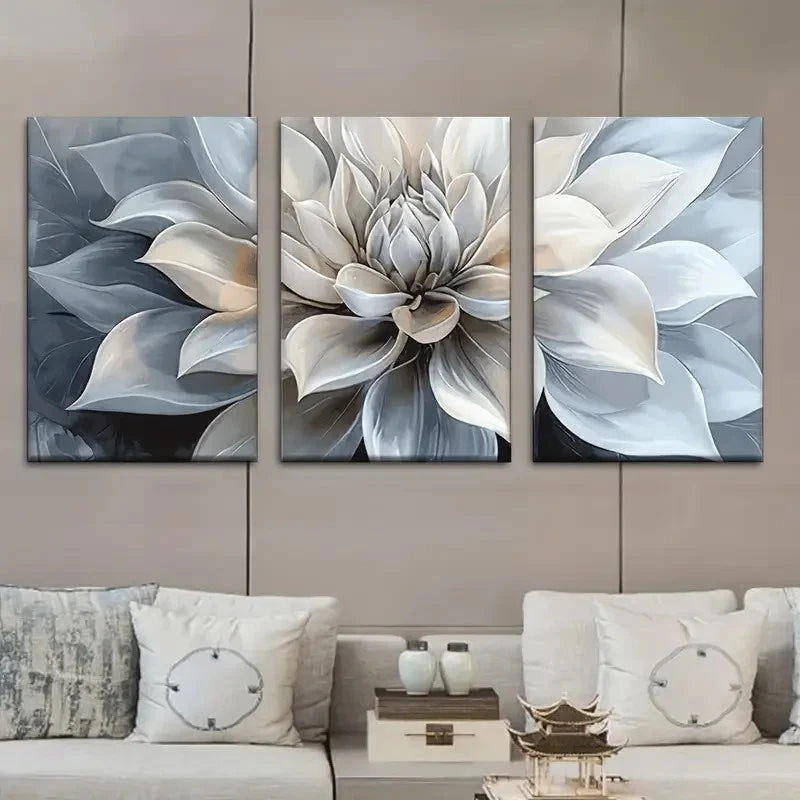 3pcs Beige Gray White & Blue Abstract Floral Metal Print Ready to Hang Art