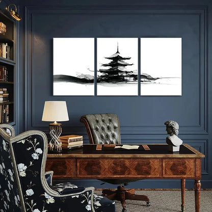3pcs Abstract Pagoda Ink Painting Zen Art Metal Print Ready to Hang Art