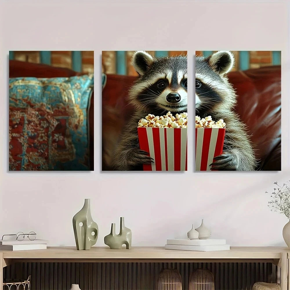 3pcs Funny Raccoon Popcorn & Movie Ticket Metal Print Ready to Hang Art