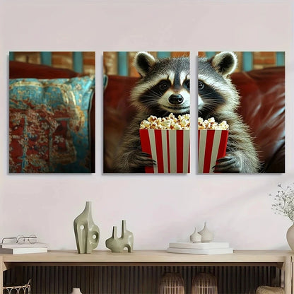 3pcs Funny Raccoon Popcorn & Movie Ticket Metal Print Ready to Hang Art