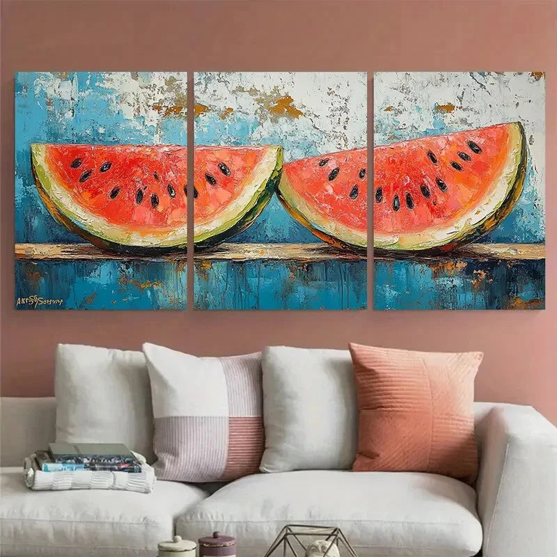 3pcs Watermelon Painting Fruit Impasto Design Metal Print Ready to Hang Art