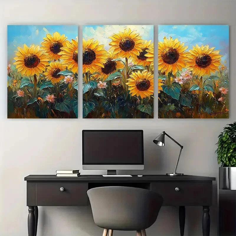 3pcs Sunflowers Floral Still Life Illustration Metal Print Ready to Hang Art