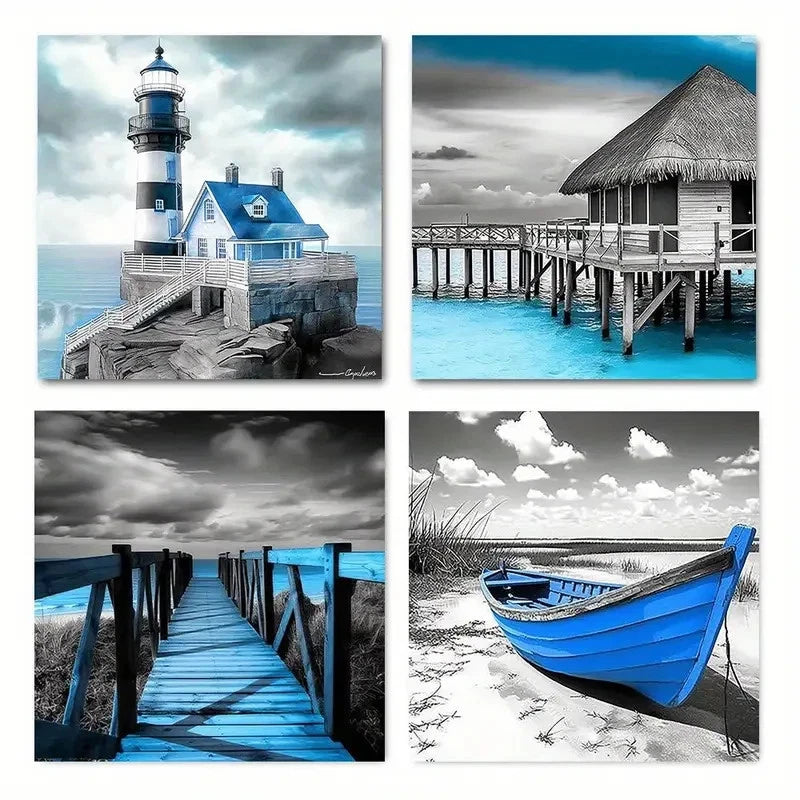 4pcs Blue Beach Coastal Black And White Lighth Wall Art Canvas Framed