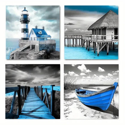 4pcs Blue Beach Coastal Black And White Lighth Wall Art Canvas Framed