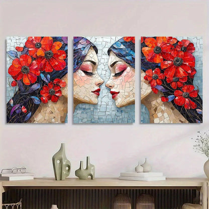 3pcs Vibrant Mosaic Colorful Floral and Abstract Metal Print Ready to Hang Art