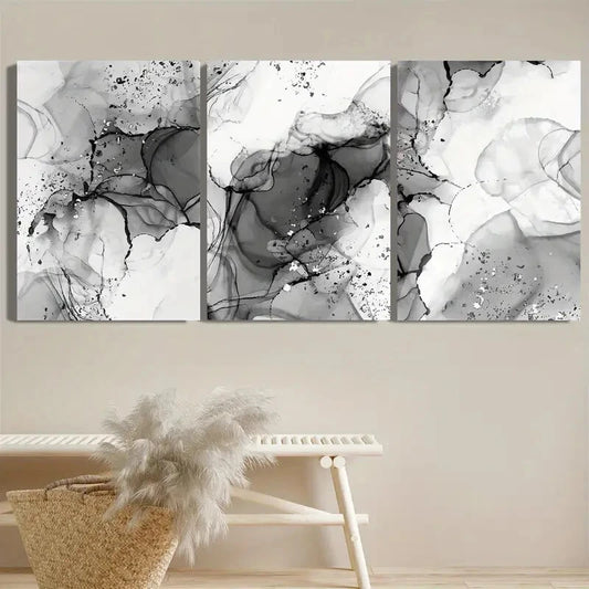 3pcs Abstract Black & Gray Marble Metal Print Ready to Hang Art