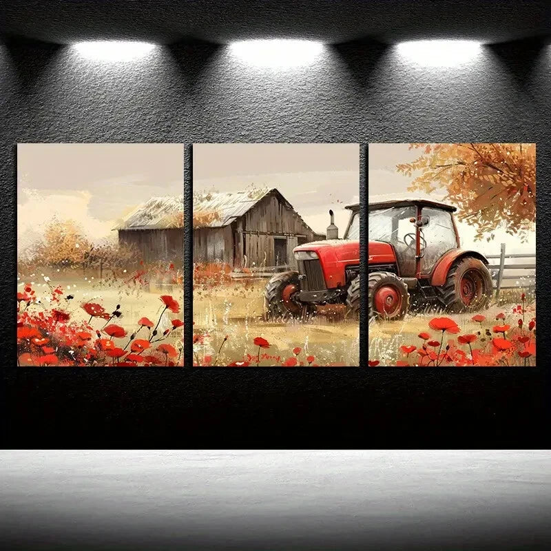 3pcs Tractor with Rustic Barn with Red Florals Metal Print Ready to Hang Art