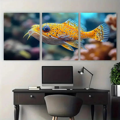 3pcs Vibrant Yellow Spotted Pufferfish Marine Life Metal Print Ready to Hang Art
