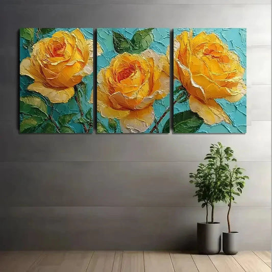 3pcs Vibrant Blue & Yellow Rose Abstract Design Metal Print Ready to Hang Art