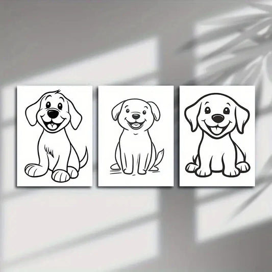3pcs Dog Themed Linocut Black and White Puppy Metal Print Ready to Hang Art