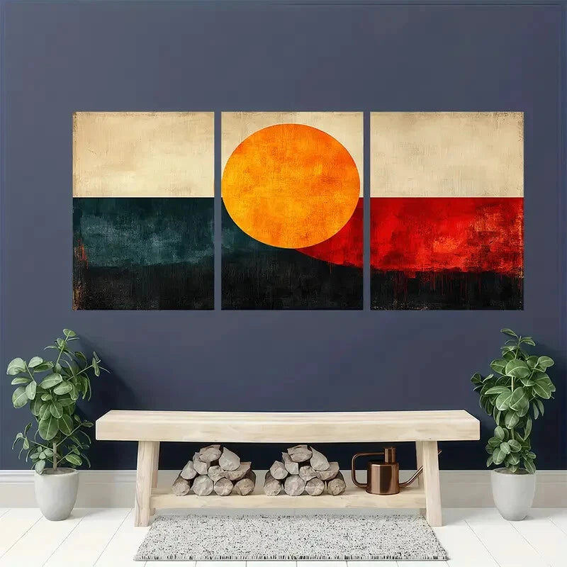 3pcs Featuring Orange Circle & Geometric Patterns Metal Print Ready to Hang Art