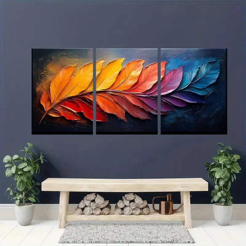 3pcs Art Abstract Colorful Feather Oil Painting Metal Print Ready to Hang Art