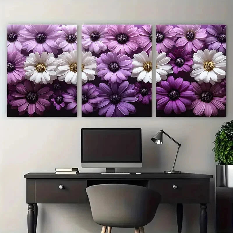 3pcs Elegant Marguerite Daisy Purple and White Metal Print Ready to Hang Art