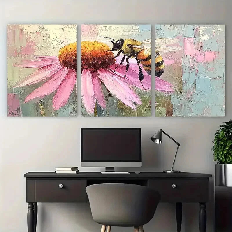 3pcs Pink Daisy Coneflower Floral Honeybee Metal Print Ready to Hang Art