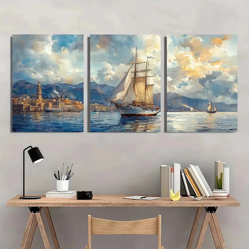 3pcs Watercolor Cityscape with Sailboats Metal Print Ready to Hang Art