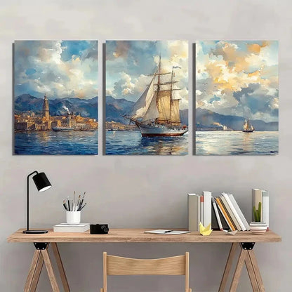 3pcs Watercolor Cityscape with Sailboats Metal Print Ready to Hang Art