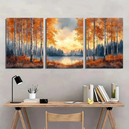3pcs Autumn Forest Landscape with Vibrant Fall Metal Print Ready to Hang Art