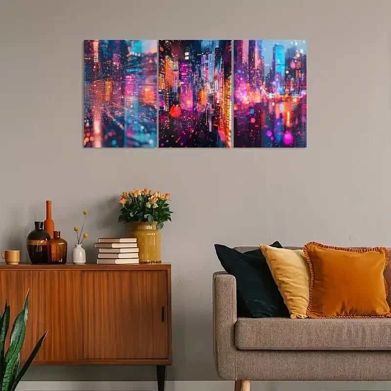 3pcs Vintage Abstract Urban Night Scene Metal Print Ready to Hang Art