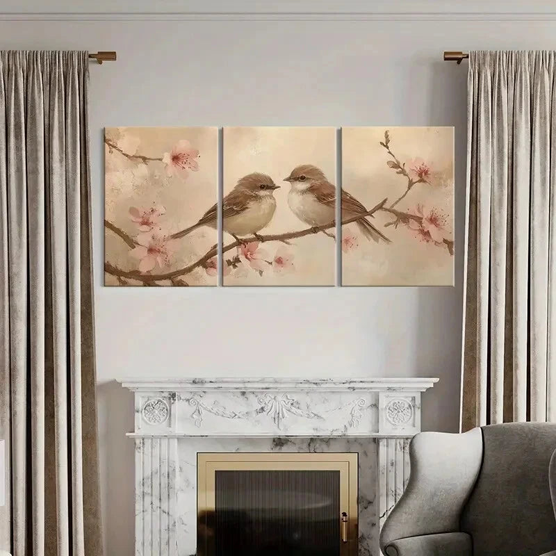 3pcs Artistic Birds On Blossom Branch Metal Print Ready to Hang Art